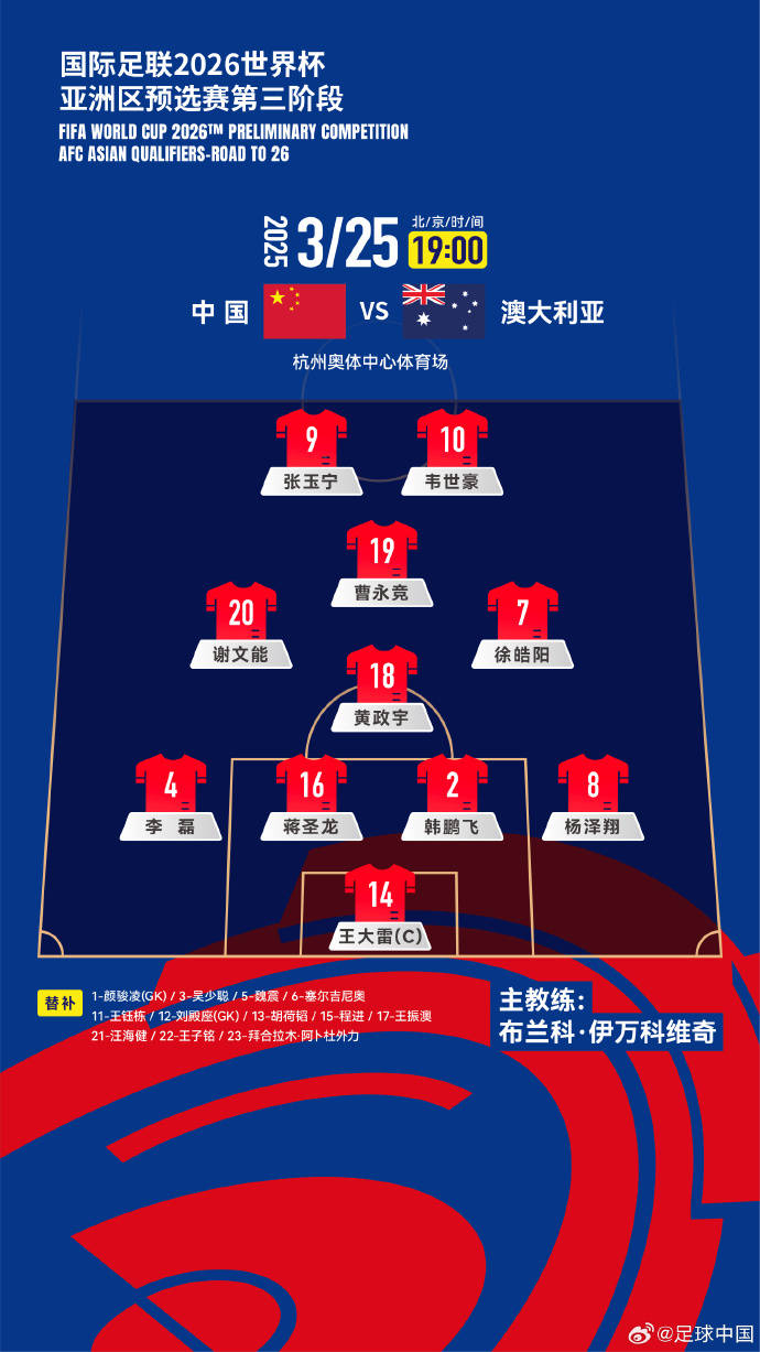 皇冠信用网去哪里弄
_国足VS澳大利亚首发:韩鹏飞黄政宇出战 塞鸟王钰栋替补